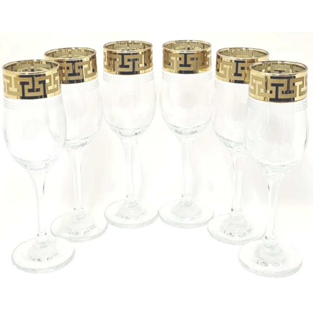 6 (8.5 oz) Cup Set Glass Gold Greek Key Pattern Cups – Natality Kitchen and  Gifts