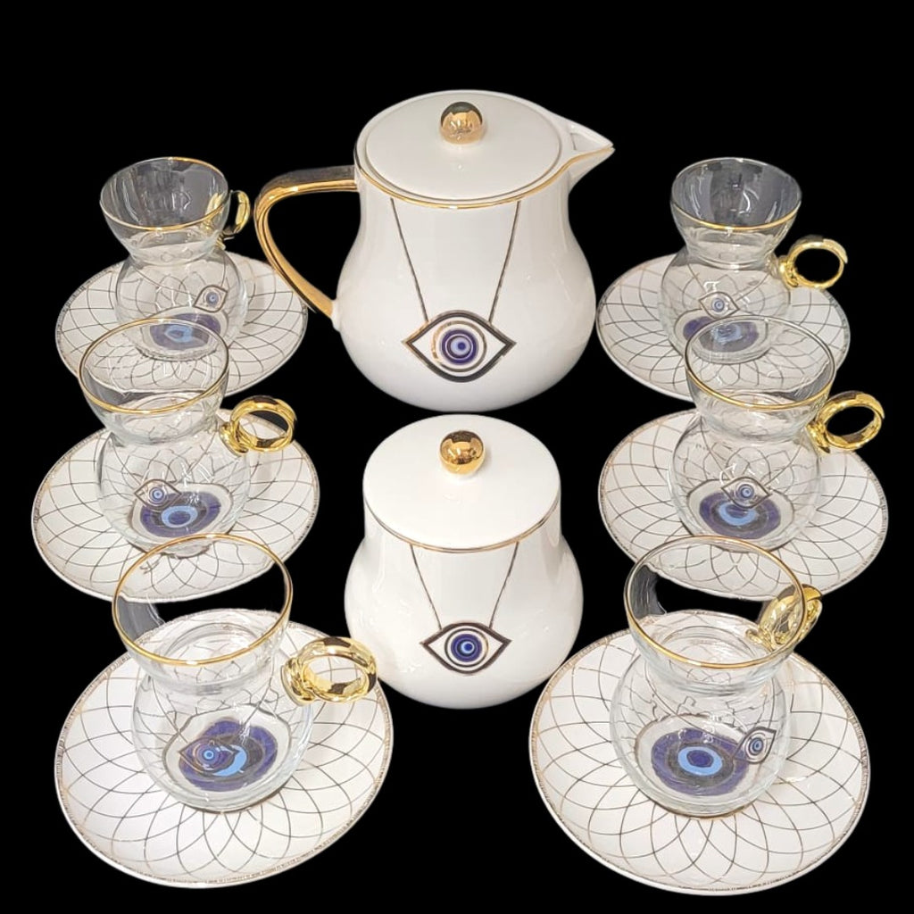 Clear Tea Glasses 6-pc Tea Set Greek Key, 6 Cups with Gold Rimmed (Ant