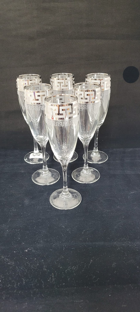 Silver Rimmed Wine Goblets, Set of 6 Lead Crystal Greek Key Design