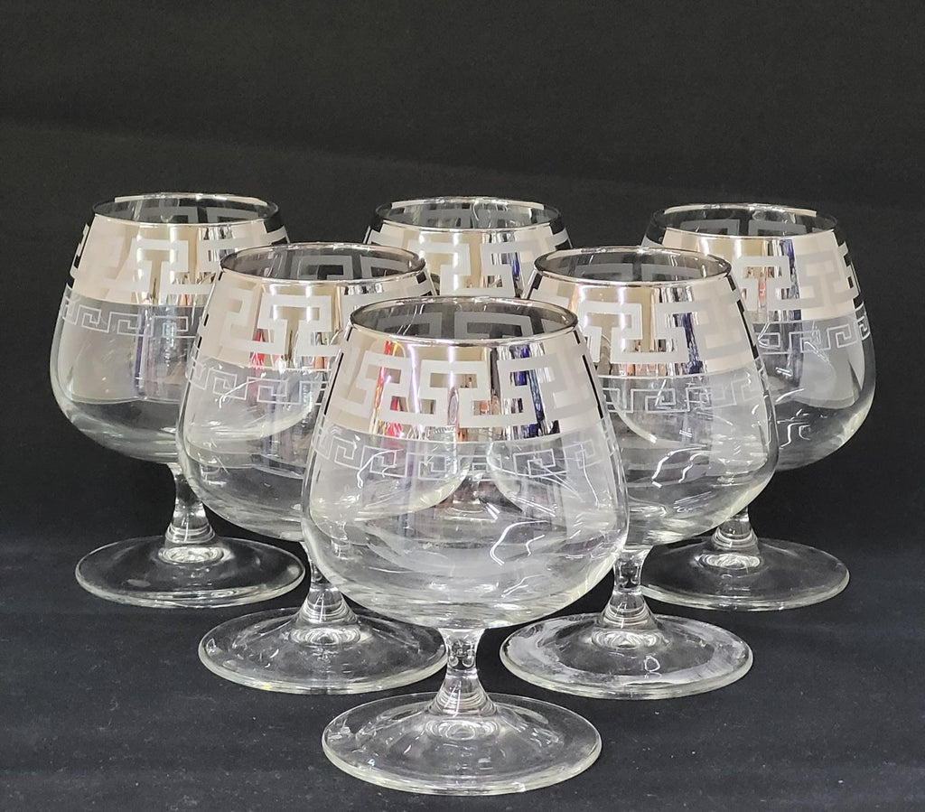 Silver Rimmed Wine Goblets, Set of 6 Lead Crystal Greek Key Design