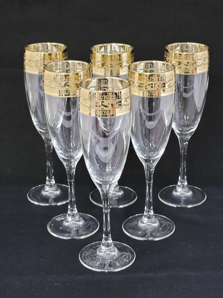 6 (8.5 oz) Cup Set Glass Gold Greek Key Pattern Cups – Natality Kitchen and  Gifts