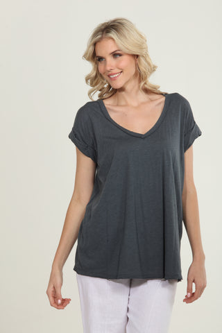 V-Neck Tee with Rolled Sleeves - Caviar - Caviar