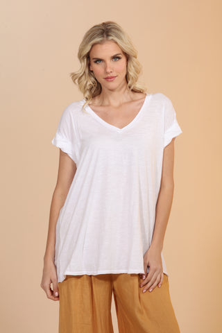 V-Neck Tee with Rolled Sleeves - Caviar - White