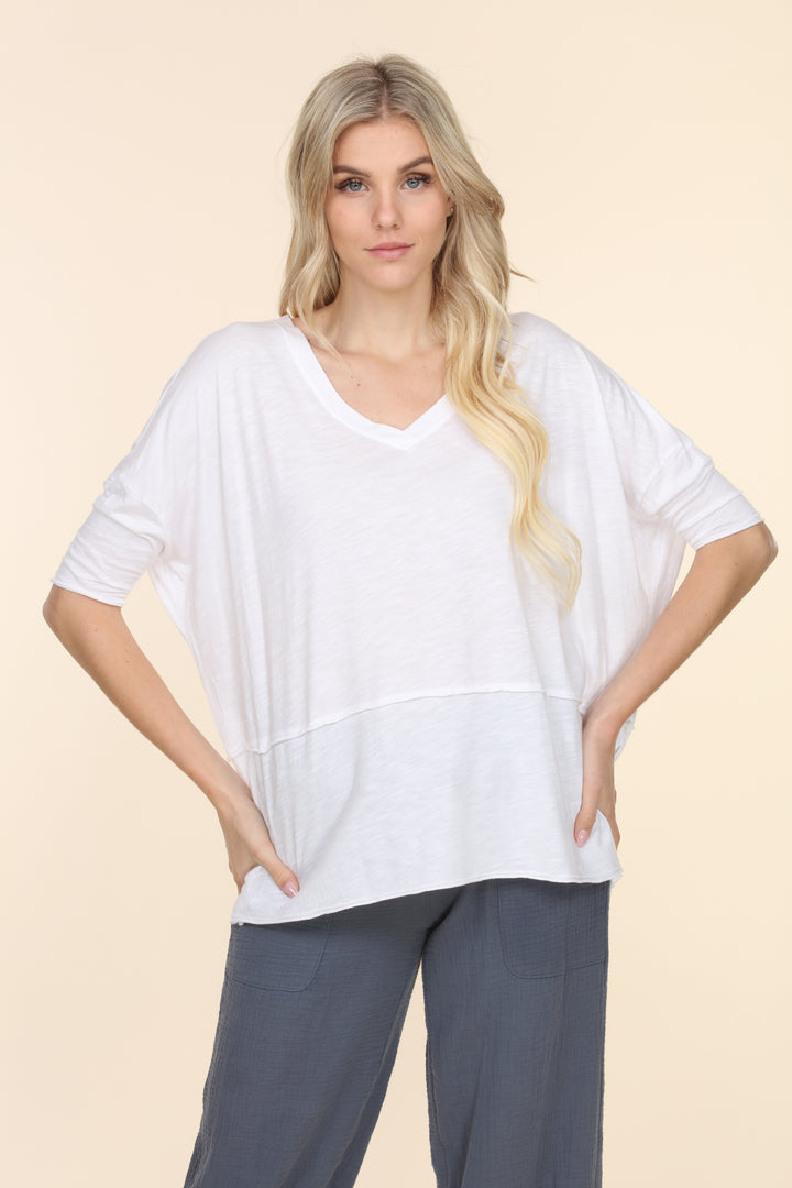 V-Neck Cotton Tee - Oatmeal - White