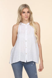 Sleeveless Linen Button Up - Honey - White