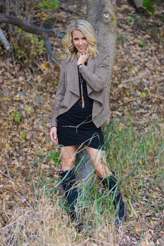 LBD with knee high boots and BB Dakota drape front jacket