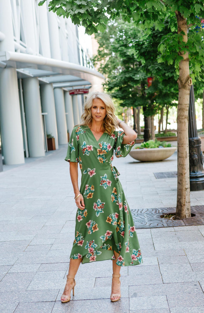 green floral wrap dress