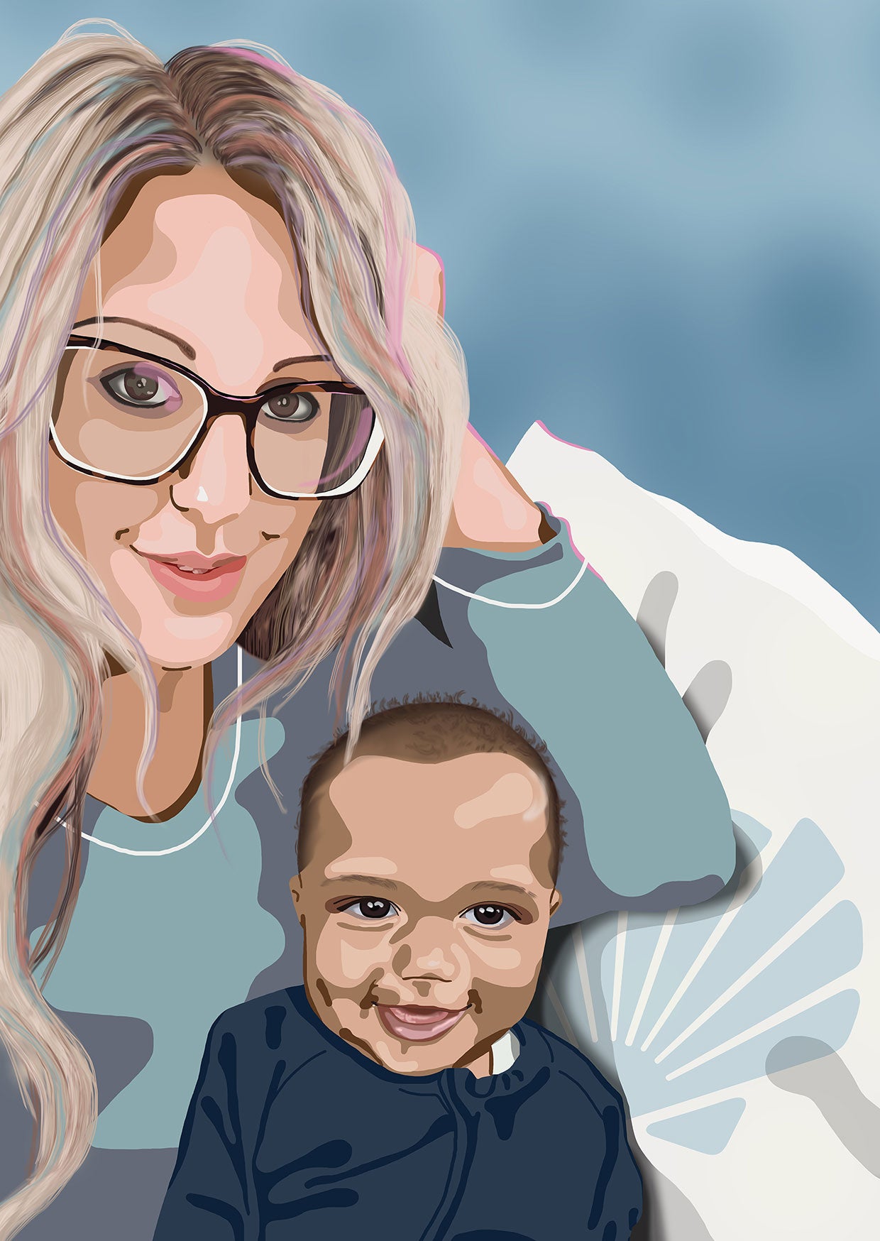Mother and baby digital portrait illustration gift for Mothers Day