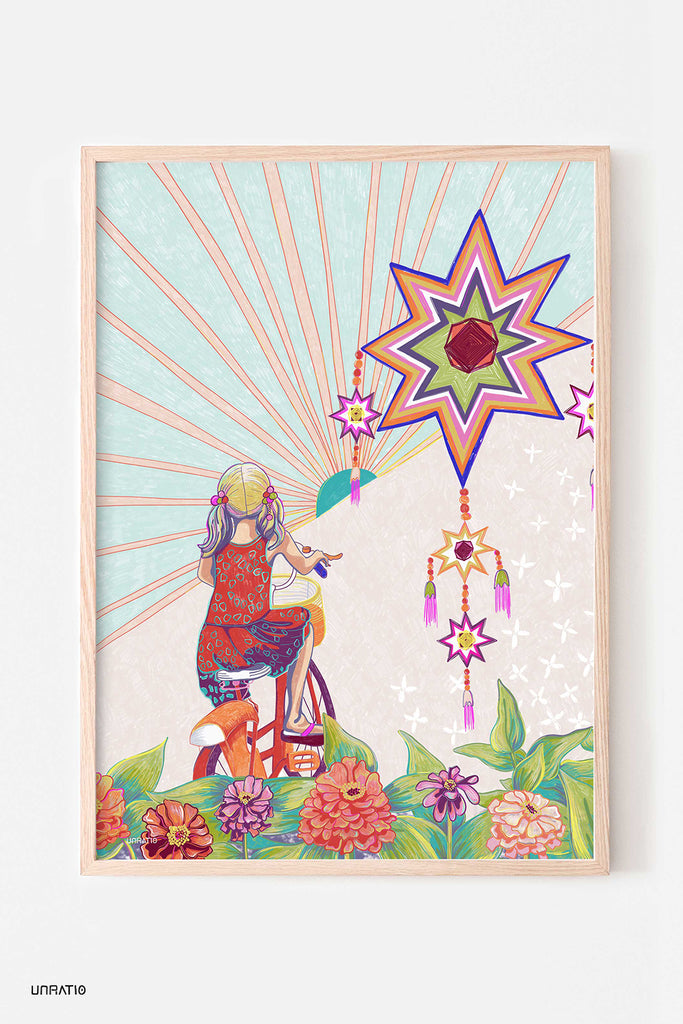 Vibrant and colorful framed illustration of a girl reaching for a star, surrounded by floral motifs and hanging stars, capturing the whimsical essence of Chiang Khan's art.