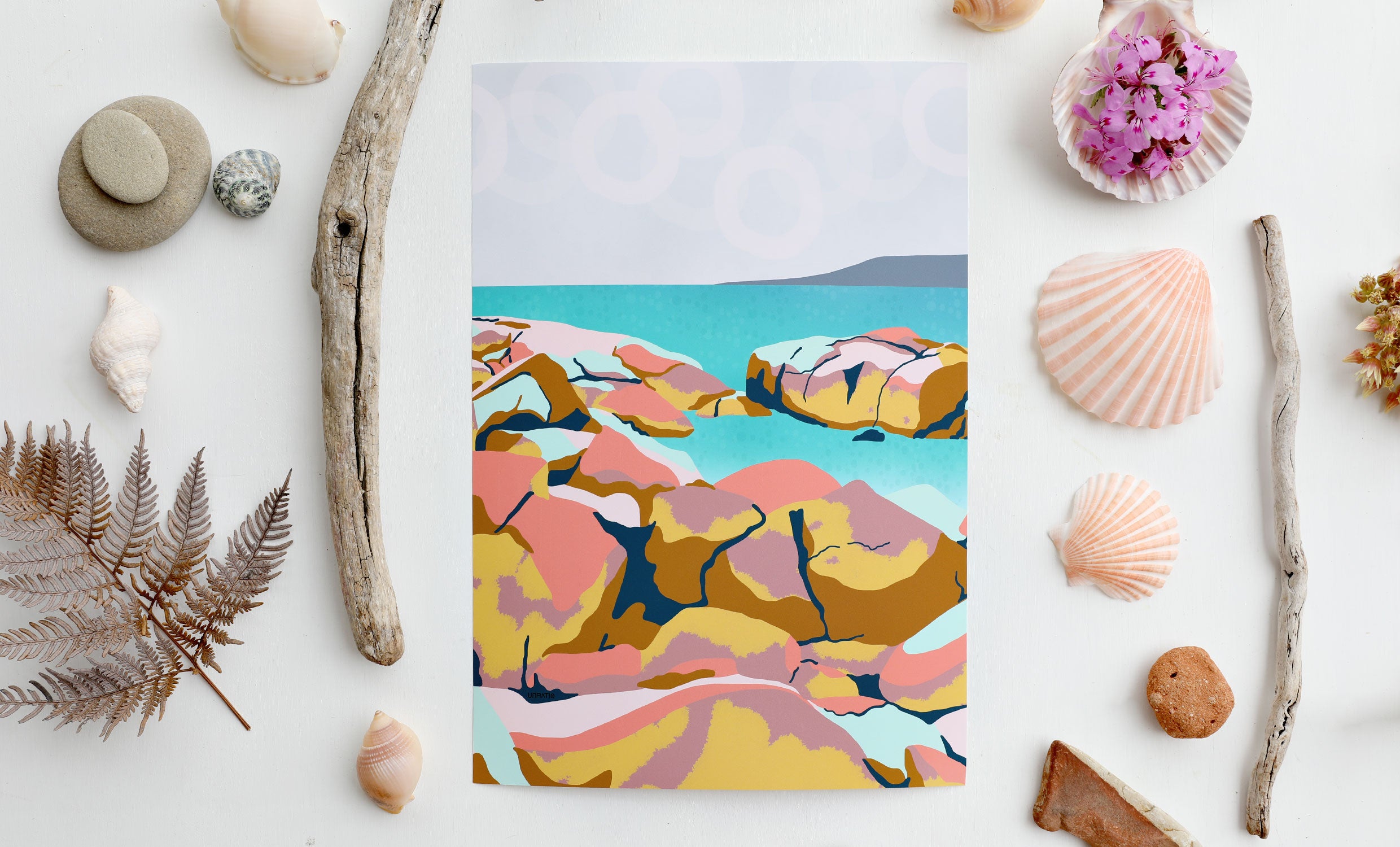 Abstract colourful beach illustration art print with a seashell nautical themed natural flatly