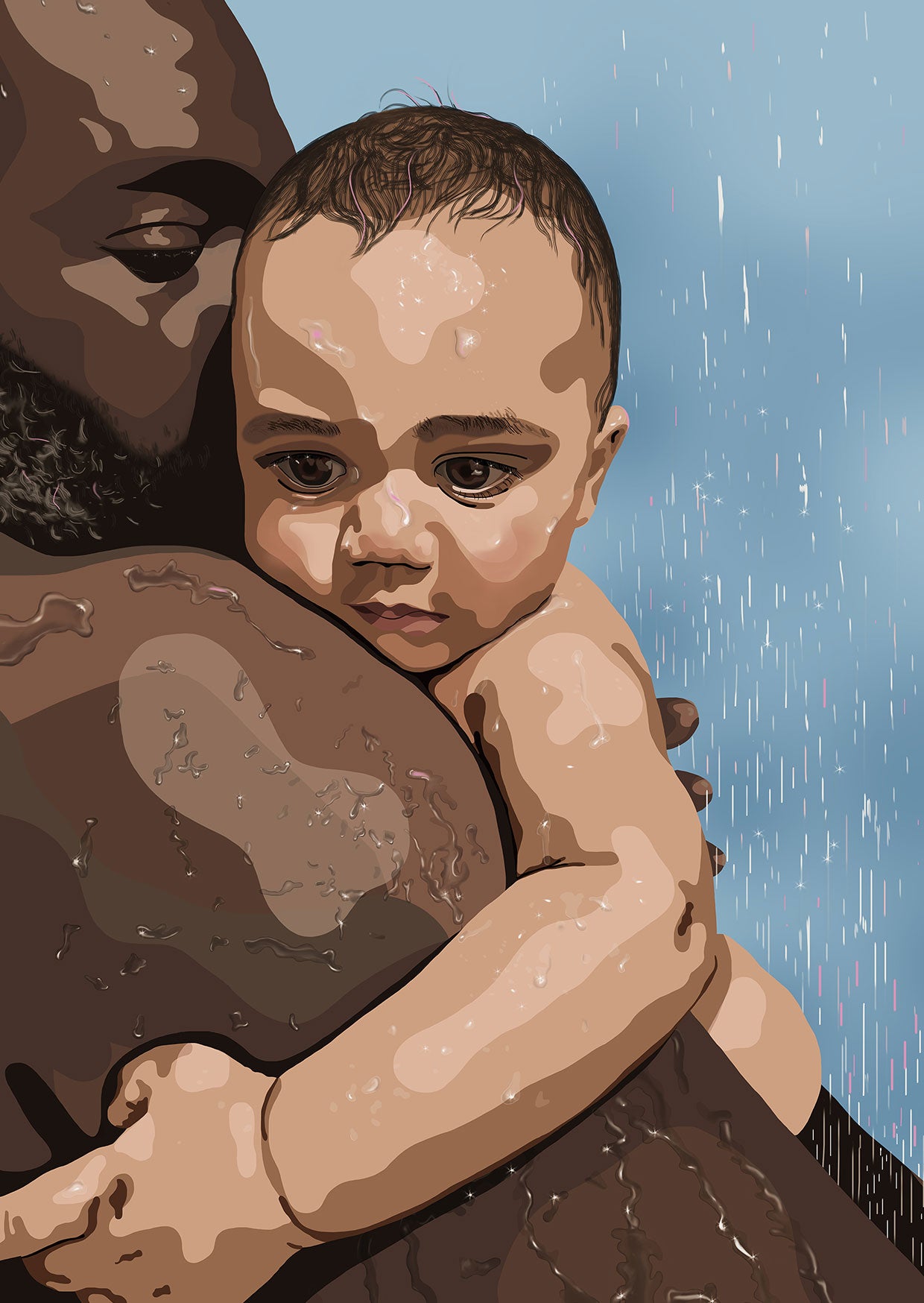 Digital portrait illustration of father holding baby son in shower