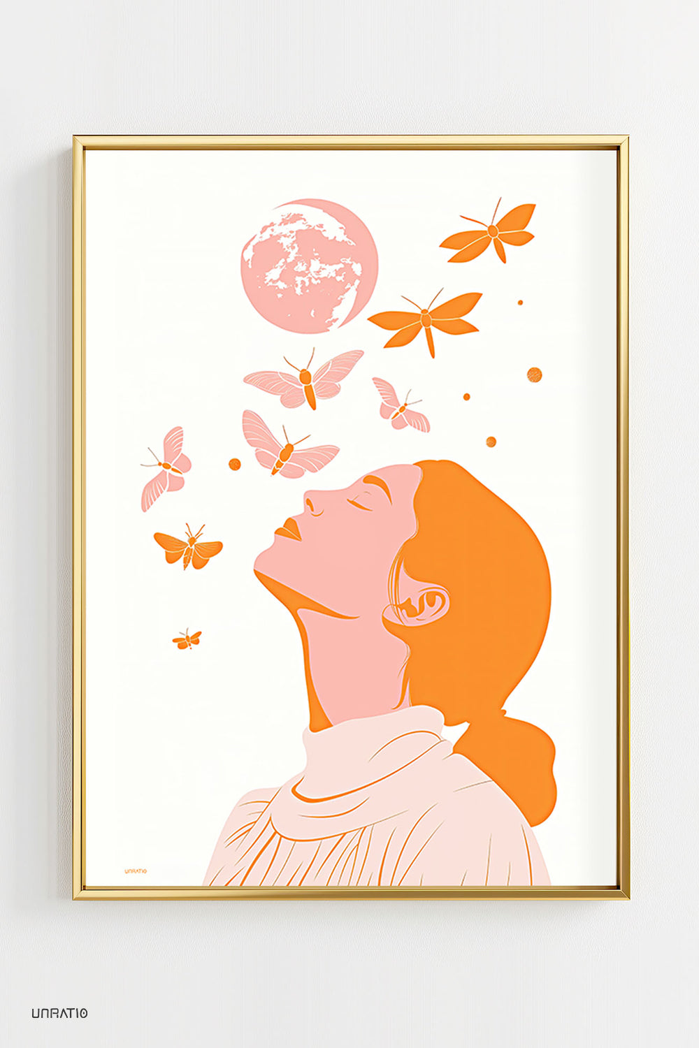 Framed art print featuring a woman gazing at a pink moon with moths and orange leaves, a tranquil, dreamy wall decor piece.