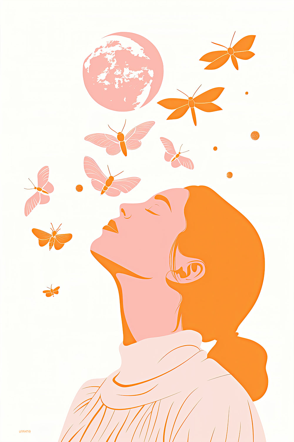 Artistic illustration of a woman with her eyes closed, basking under a pink moon with moths and flowers, evoking a peaceful and creative night-time vibe.