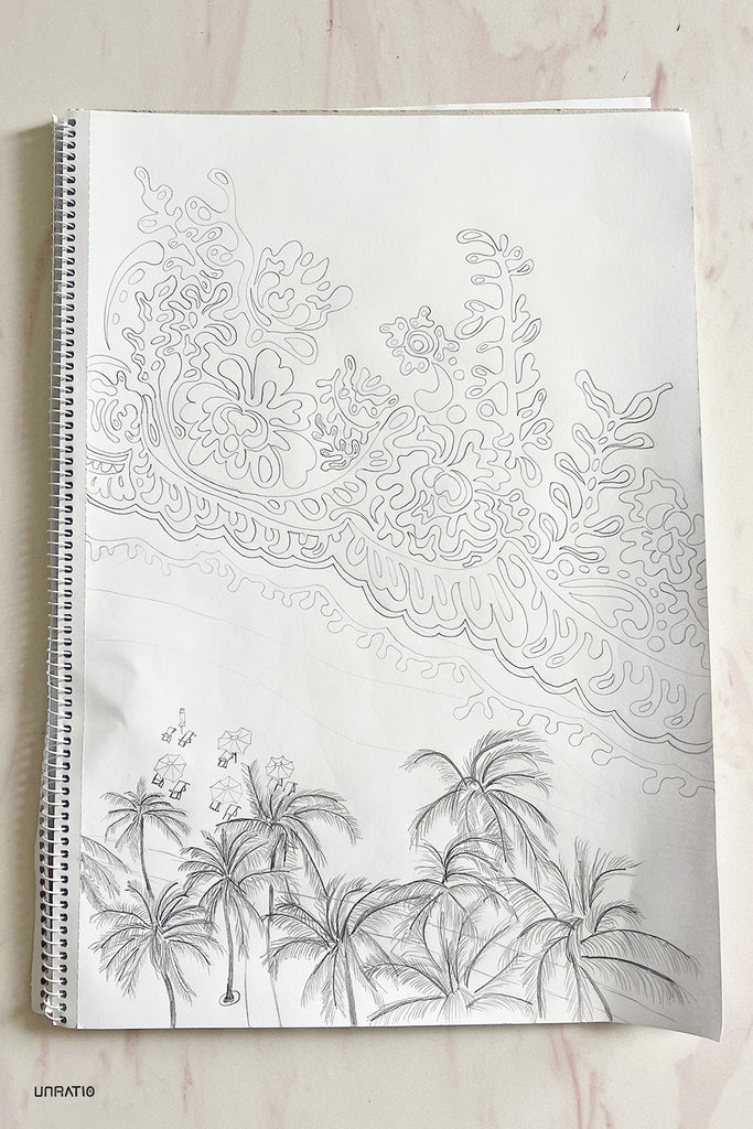 Pencil sketch of a tropical seascape, featuring detailed wave patterns resembling Chantilly lace and a grove of palm trees sketched on a notebook
