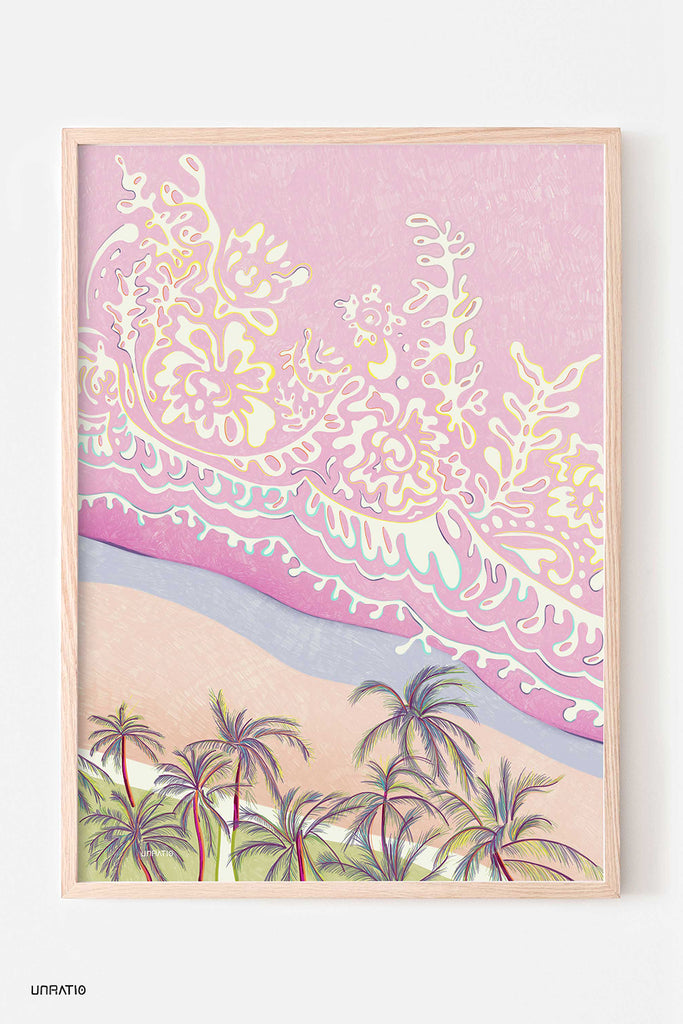 Digitally transformed pencil drawing now featuring pastel hues of pink and blue, elegantly framed, depicting the rhythmic lace-like patterns of ocean waves above a serene palm grove