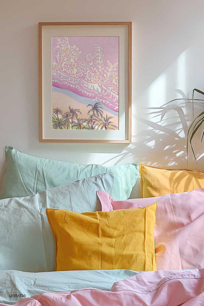 Pastel-themed bedroom with a framed tropical wall art of ocean waves and palm trees, complementing the soft mint, yellow, and pink bed linens, invoking a serene and artistic atmosphere.