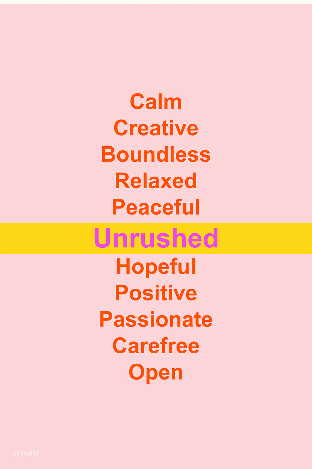 Typography art of positive affirmations like 'Calm', 'Creative', 'Unrushed', 'Hopeful', on a soft pink background for an uplifting blog post.