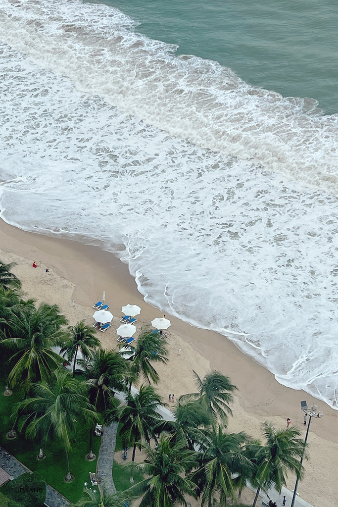 Aerial view of Nha Trang beach's white foamy waves meeting the sandy shore, flanked by lush palm trees and beach umbrellas