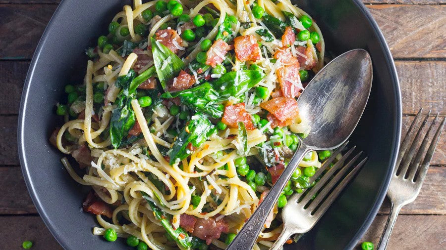 Pea & Herb Pasta with Jowl Bacon