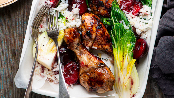 chicken legs with plums and bok choy