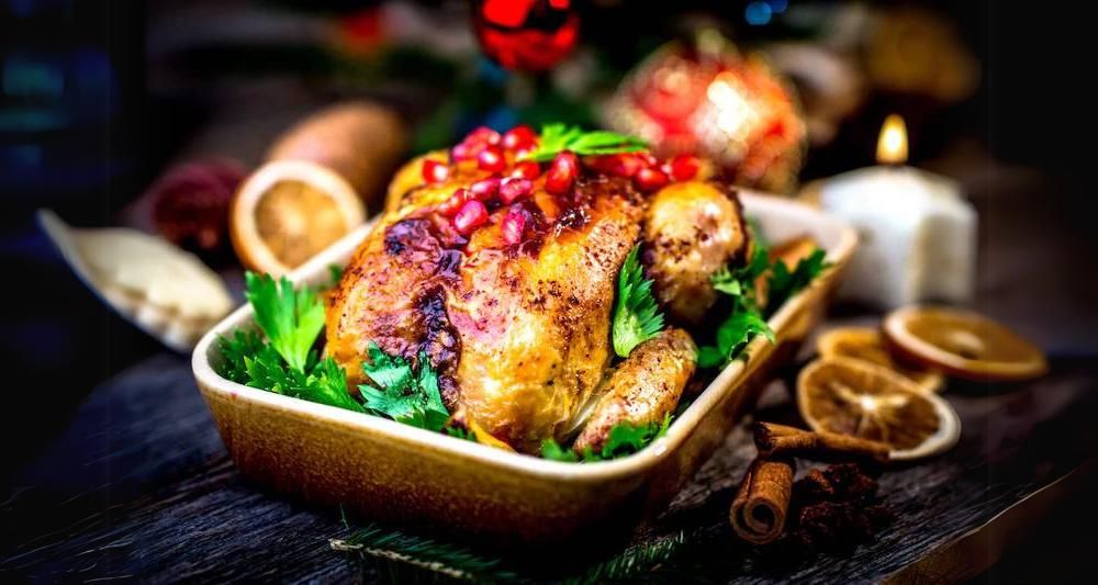 Roasted Chicken with Apple Dressing + Pomegranate Gastrique