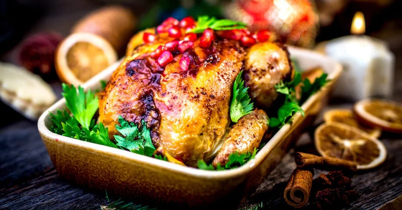 Roasted Chicken with Apple Dressing + Pomegranate Gastrique