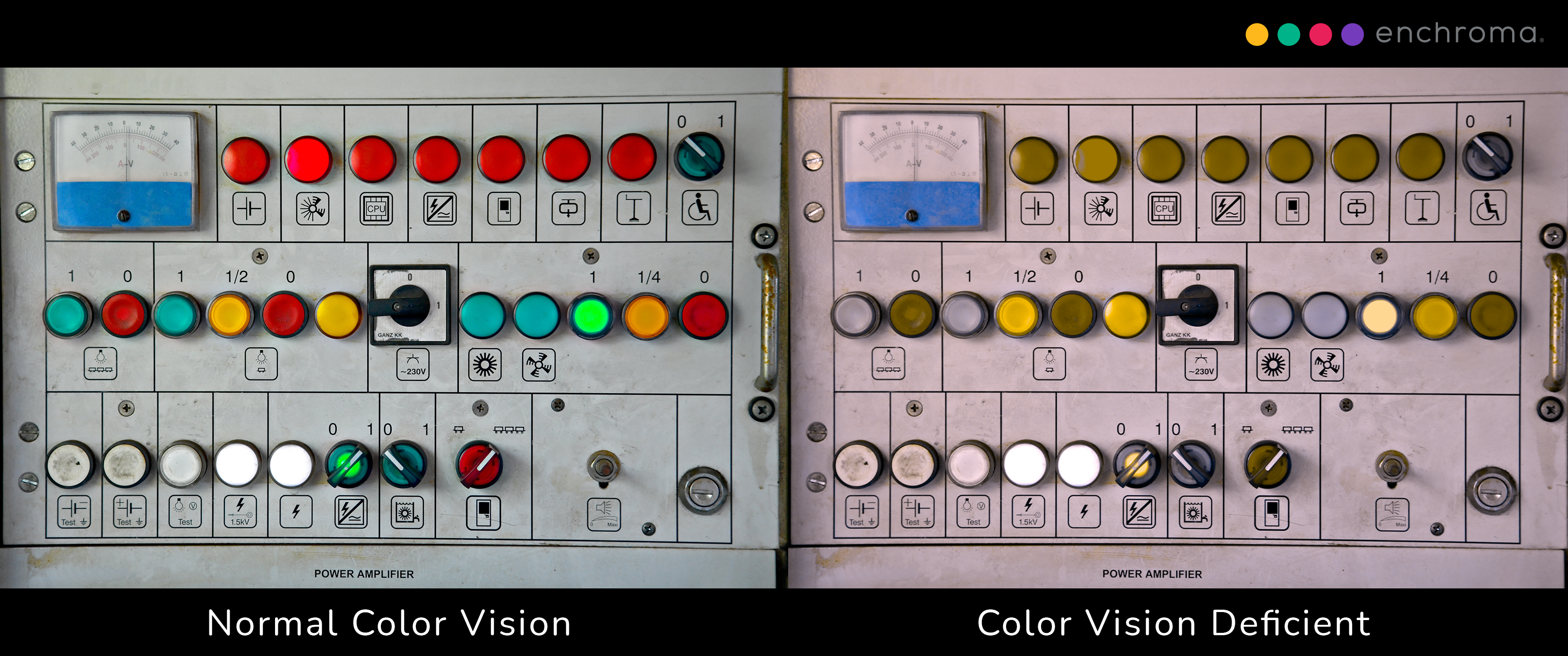 Colorful Control Panel Buttons: Color Blind View vs. Normal View