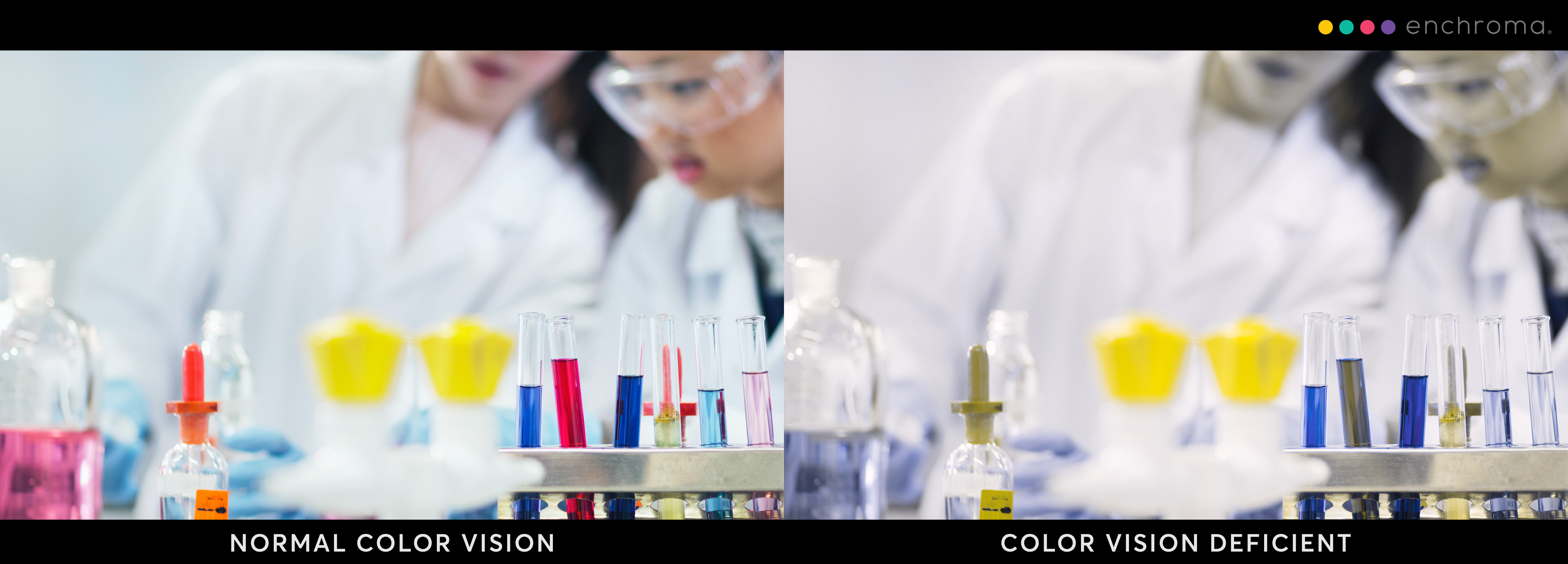 A wide-angle image showing two scientists in a laboratory, focusing on a bench with multiple test tubes containing colourful liquids in shades of blue, red, and yellow. The scientists, wearing white lab coats and safety goggles, are out of focus in the background, examining a test tube closely. The foreground displays laboratory equipment and glassware with vibrant chemical solutions, reflecting on the glossy countertop.