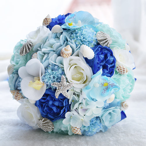 Blue Shell Brooch Bouquet Handmade Ocean Theme Wedding Bouquet