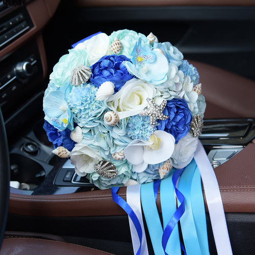 Blue Shell Brooch Bouquet Handmade Ocean Theme Wedding Bouquet
