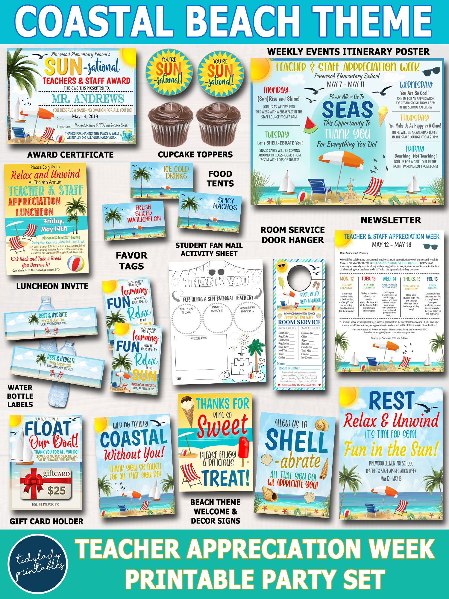 Coastal Beach Theme Party, Appreciation Water Bottle Labels, Rest and  Hydrate Teacher Staff Employee Team Thank You Printable Decor