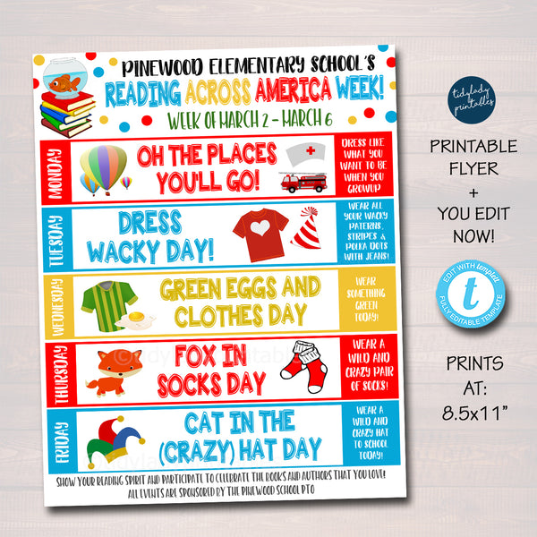 Reading Across America School Spirit Week Printable Itinerary