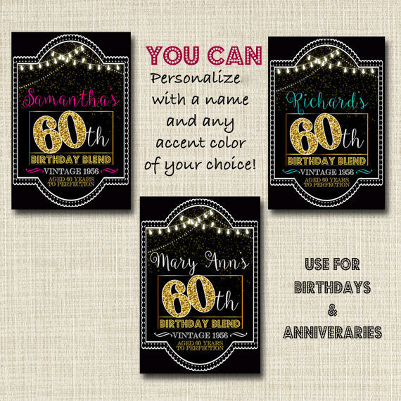 60th Birthday Custom Wine Labels, Cheers to 60 Years, 60th Anniversary ...