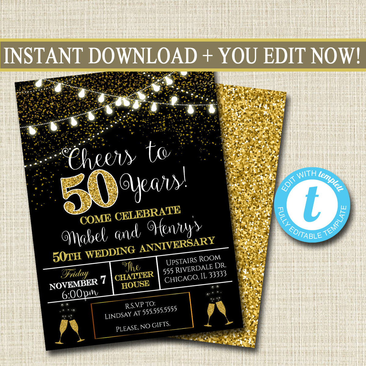 50th Party Invitation, Birthday Printable Cheers to Fifty Years, 50th