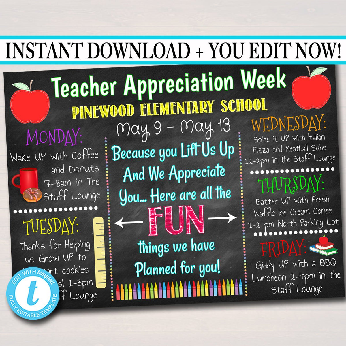Lift Us Up Theme Teacher Appreciation Week Events Printable — TidyLady