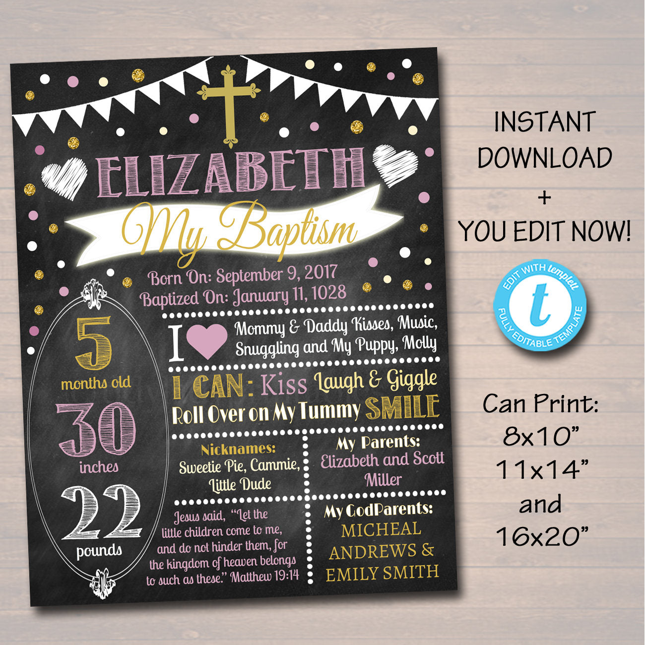Girl Baptism Chalkboard Poster, Religous Christening Chalkboard Poster Christian Chalkboard Printable Baptism Sign