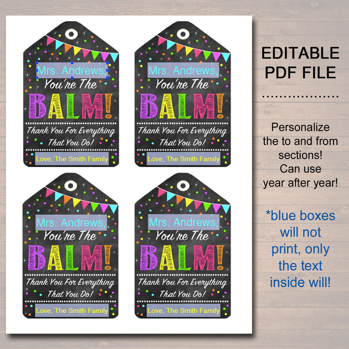 EDITABLE You're The Balm Gift Tags, Teacher Volunteer Staff Appreciation, Nanny Babysitter Daycare Printable, Lip Balm Card INSTANT DOWNLOAD