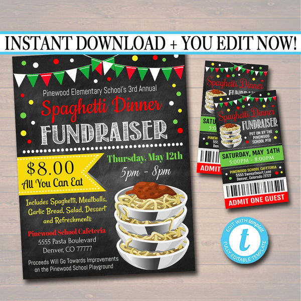 Spaghetti Dinner Fundraiser Flyer Ticket Set Template TidyLady Printables