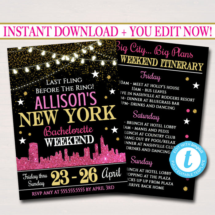 New York City Bachelorette Party Invitation, Glitter Pink Gold Party I ...