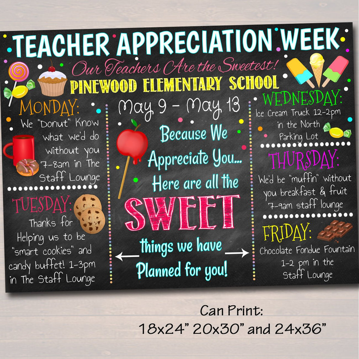 EDITABLE Candy Sweet Theme Teacher Appreciation Week, Itinerary Poster