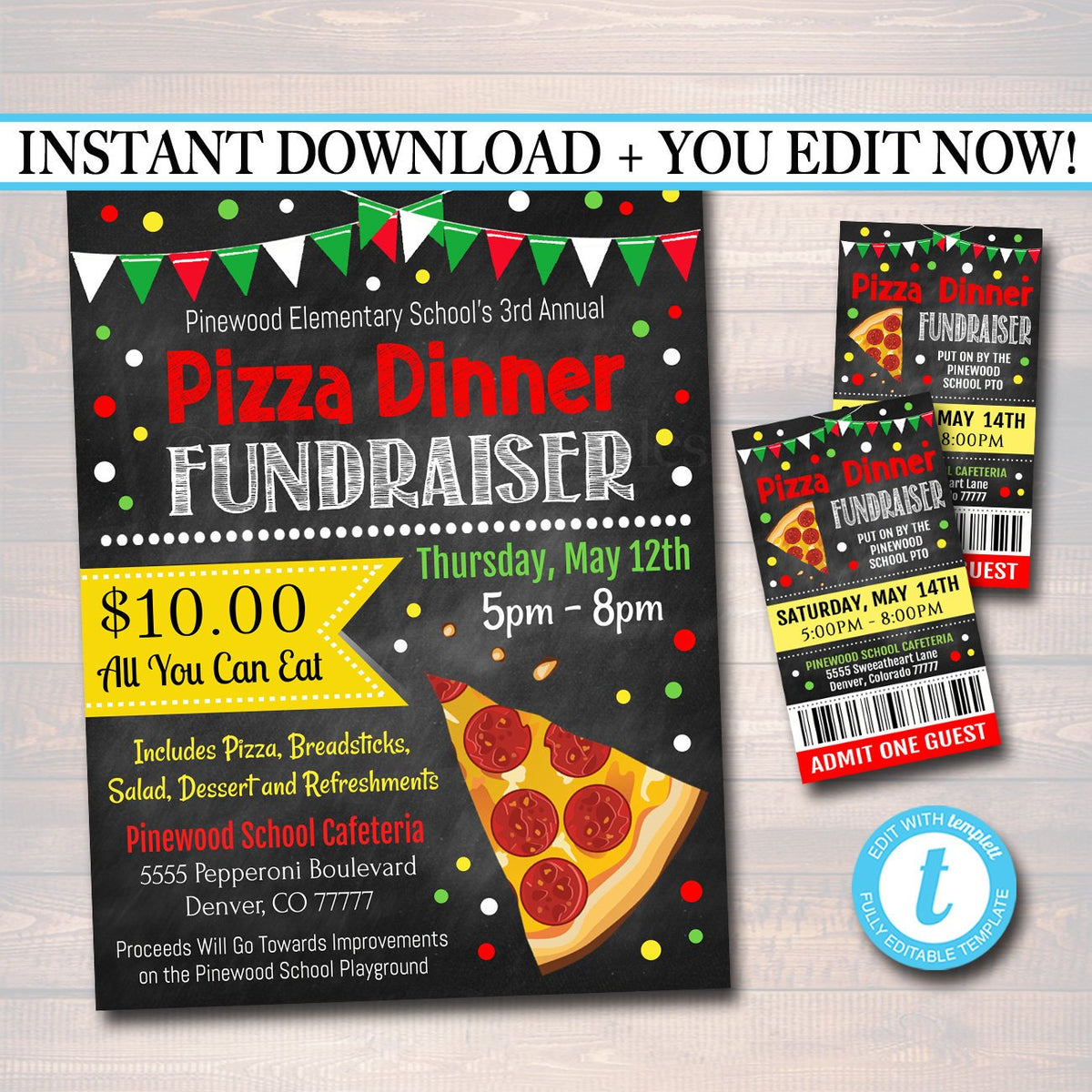 Pizza Dinner Fundraiser Flyer Ticket Set - Editable ...
