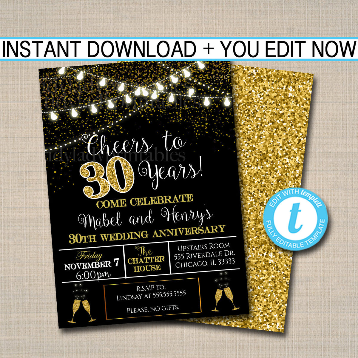 30th Party Invitation, Birthday Printable Cheers to Thirty Years, 30th