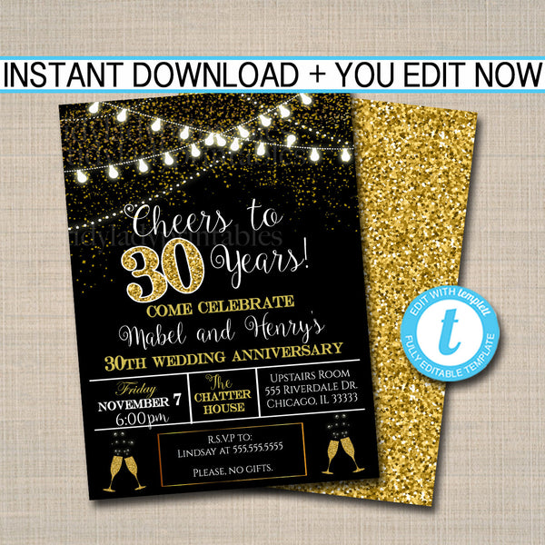 30th Party Invitation Birthday Printable Cheers to Thirty Years 30th
