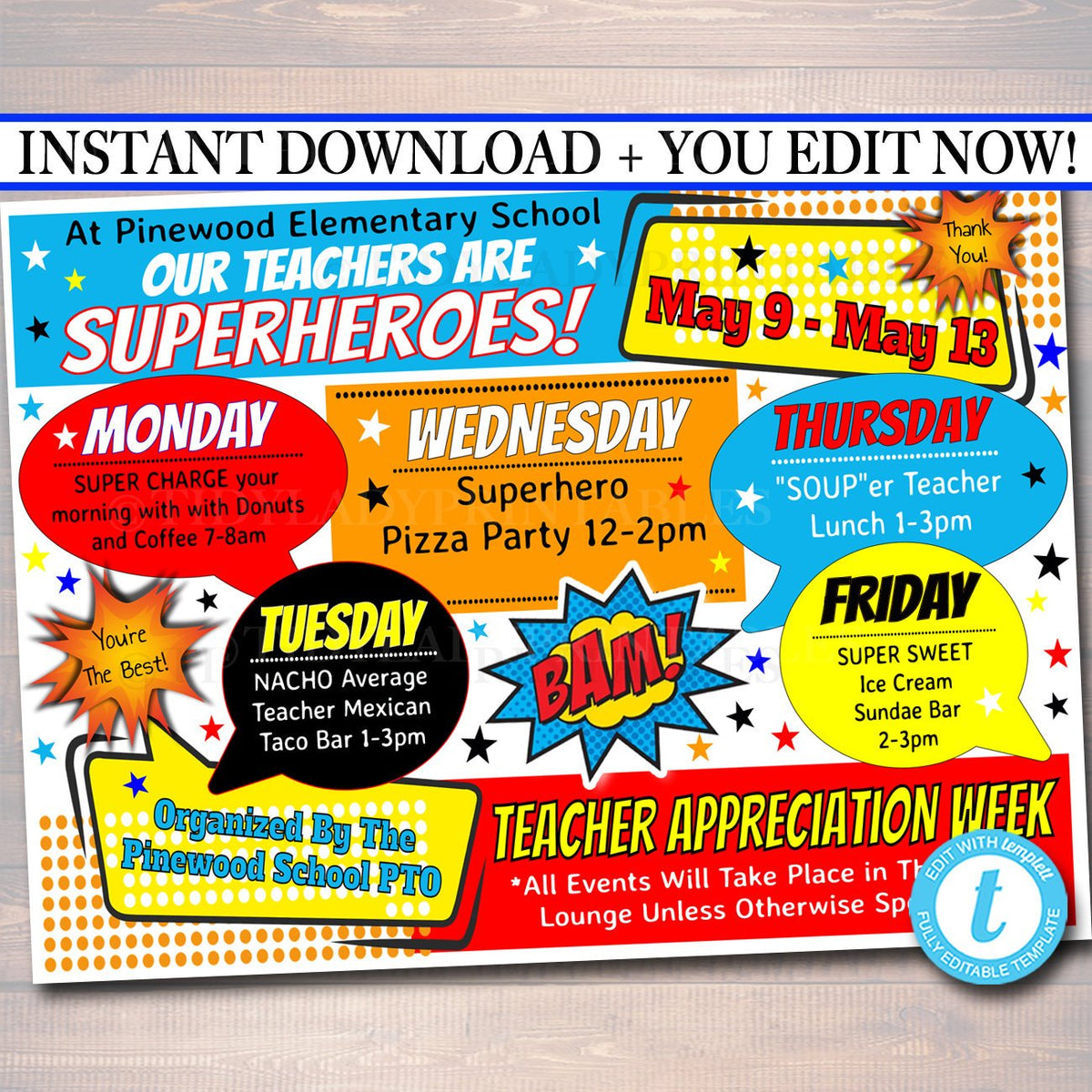 Superhero Theme Teacher Appreciation Week Events Printable — TidyLady