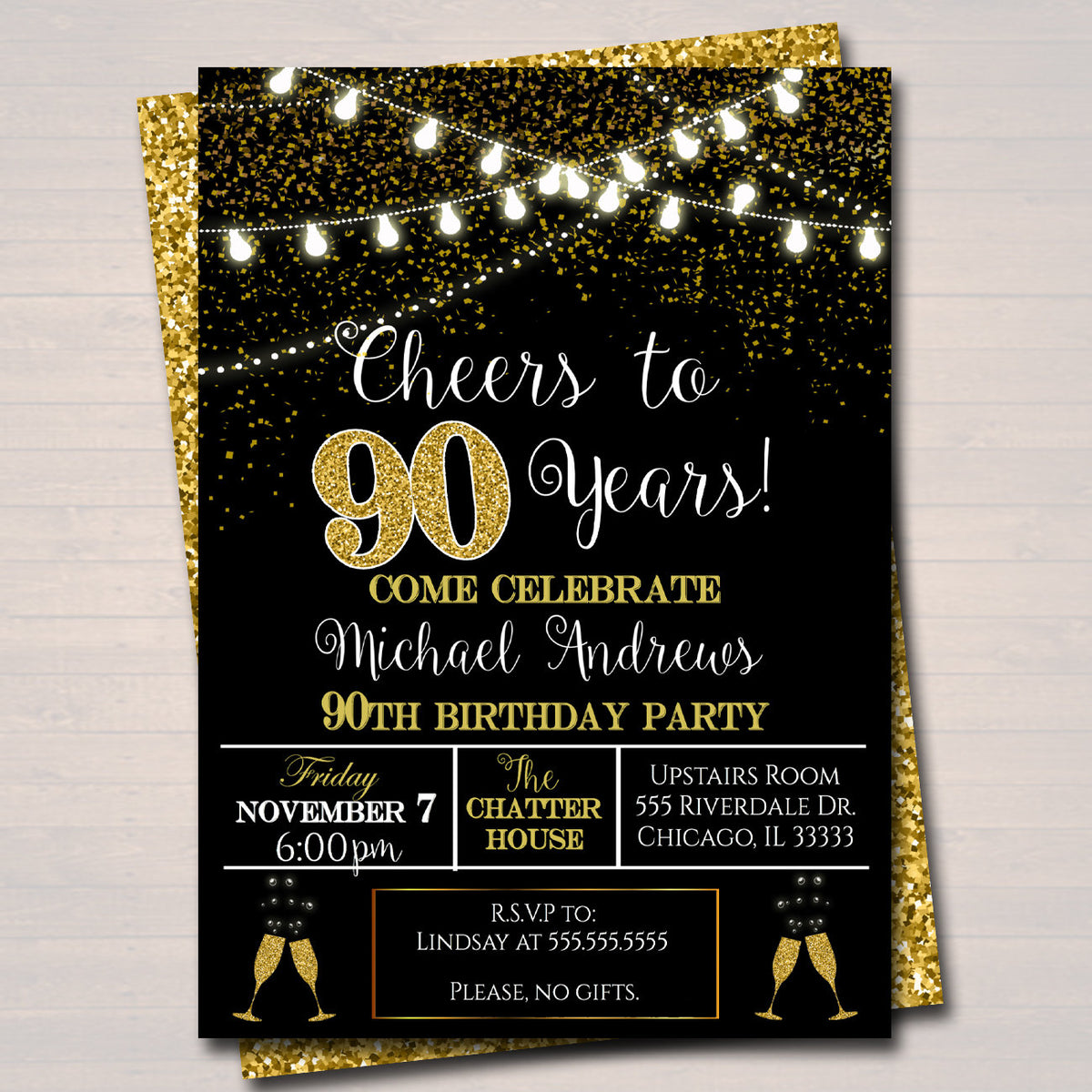 90th Party Invitation, Birthday Printable Cheers to Ninety Years, 90th