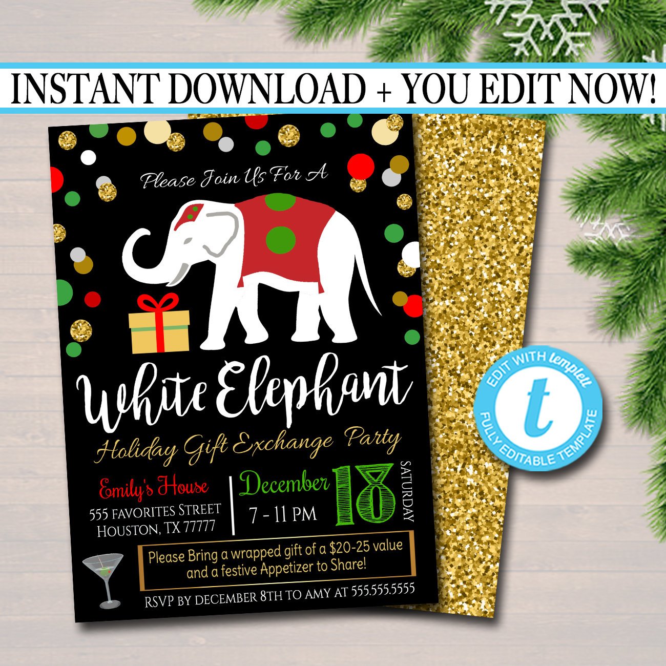 White Elephant Party Template Set, Gift Exchange Party Invitation, Holiday  Party Template Set, Christmas Party Invite Instant Download, Edit 