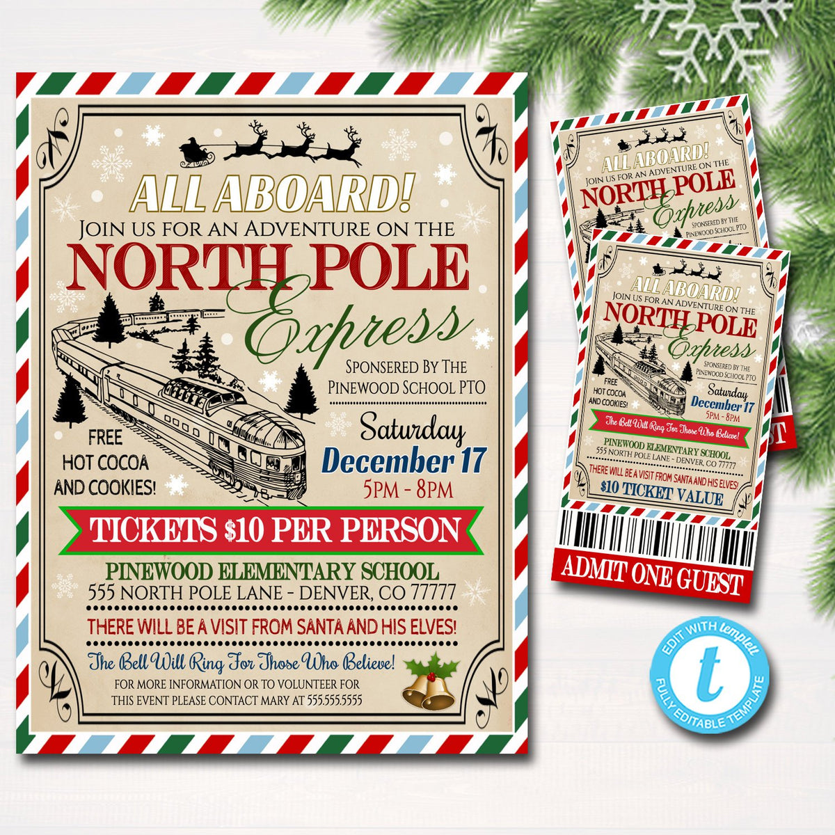 editable north pole polar express train event with santa