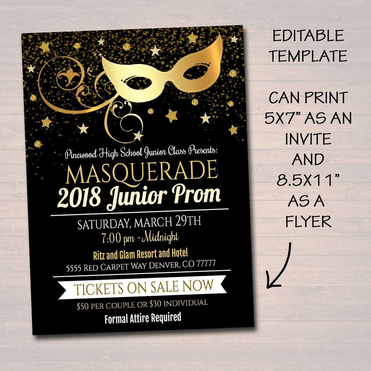 Prom Set, Dance Flyer Invitation Ticket Masquerade Ball, Gold Glitter ...