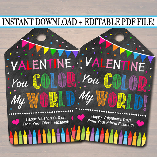 Colorful Valentines Stickers, Printable Crayons Valentines Day Tags for Kids,  Personalized Valentine Crayon Favor Sticker instant Download 