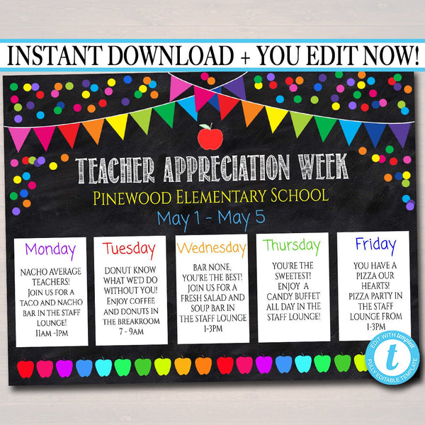 EDITABLE Teacher Appreciation Week Itinerary Poster, Digital File, App TidyLady Printables